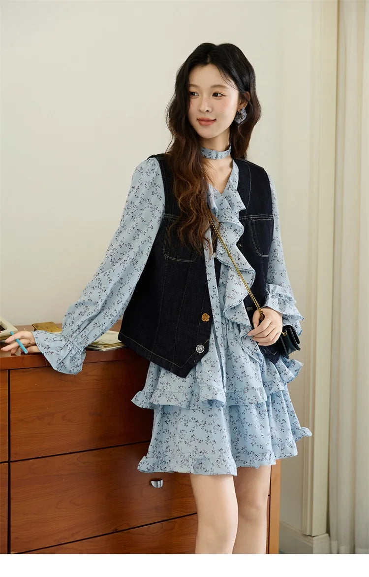 MISHOW Floral Dress for Women Cotton 2026 Spring Blue Luxury V-neck Ruffled Puff Sleeve Dress Party Midi Dress Woman MXE46L2517