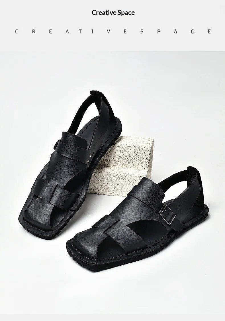 Retro Men's Summer Fashion Hollow Breathable Sandals Comfortable Anti-Slip Wear-Resistant Handmade Roman Style Slippers