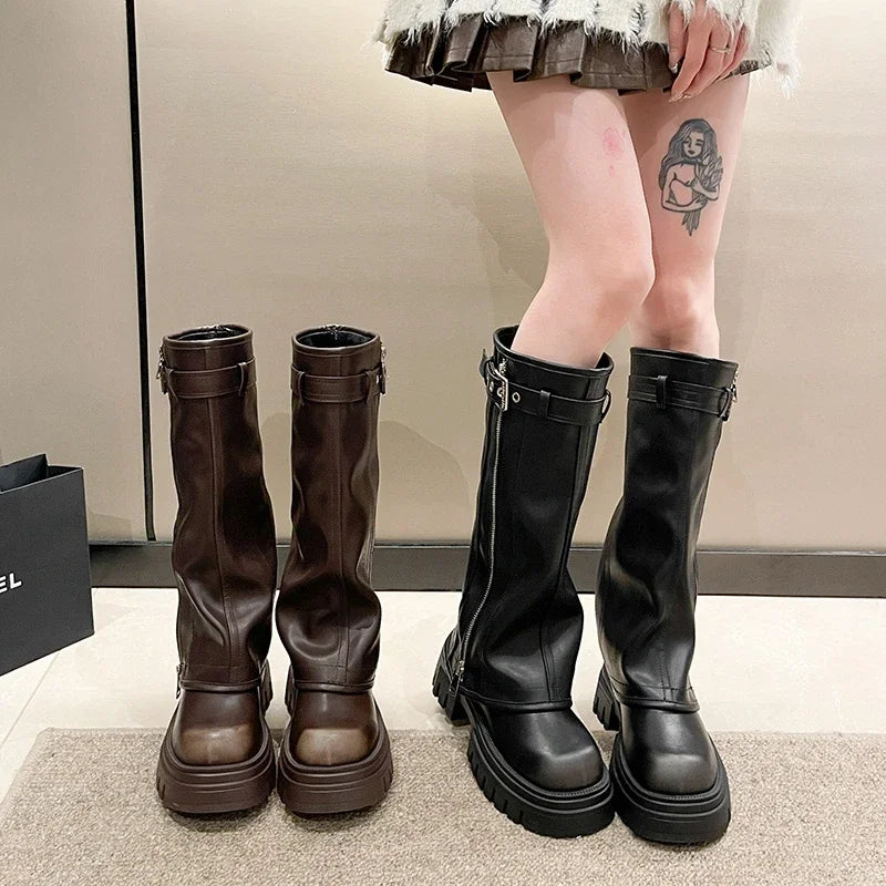 2025 Winter Women Biker Boots Fashion Belt Buckle Ladies Elegant Platform Long Pipe Booties Casual Women's Knee High Booties