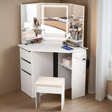 LED Vanity Desk With 3-Light Modes & Built-in Charging Station - Makeup Table With Open Storage Shelves, Drawers & Matching Stool