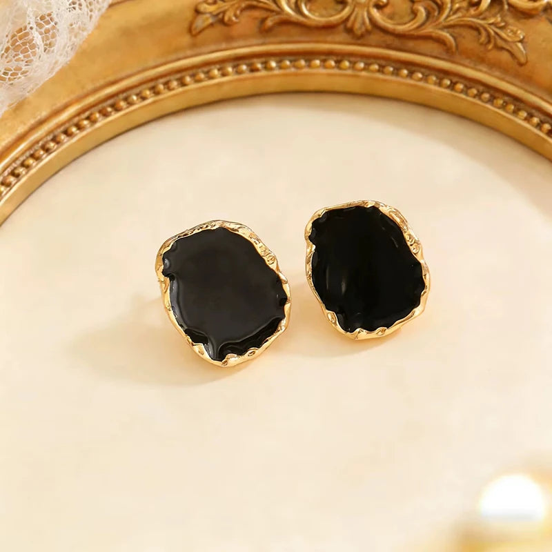 2Pcs/Set New Vintage Enamel Earrings Rings For Women Punk Metal Side Classic Black Oil Drip Irregular Stones Luxury Jewelry Set