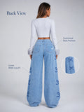Y2K Bow Embroidery Wide Leg Jeans for Women, High Rise Vintage Light Wash Baggy Denim Trousers Trendy Casual Streetwear Daily Pants