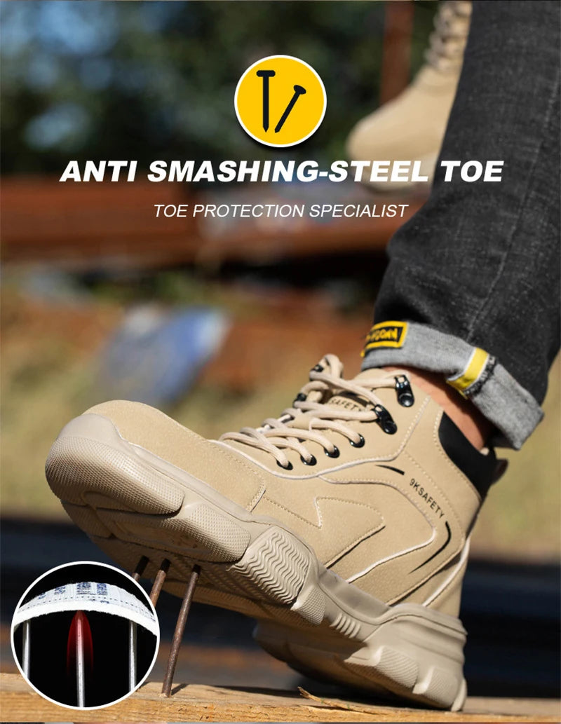 Men's & Women's Brown High-top PU Water Repellent Lightweight Anti-smash Anti-puncture Comfortable Wear Resistant Industrial Construction Work Safety Boots