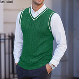 New Men's Knit V-Neck Sweater Vest Contrast Color Stripe Design Sleeveless Knitted Pullover Sweaters Men Smart Casual Waistcoats