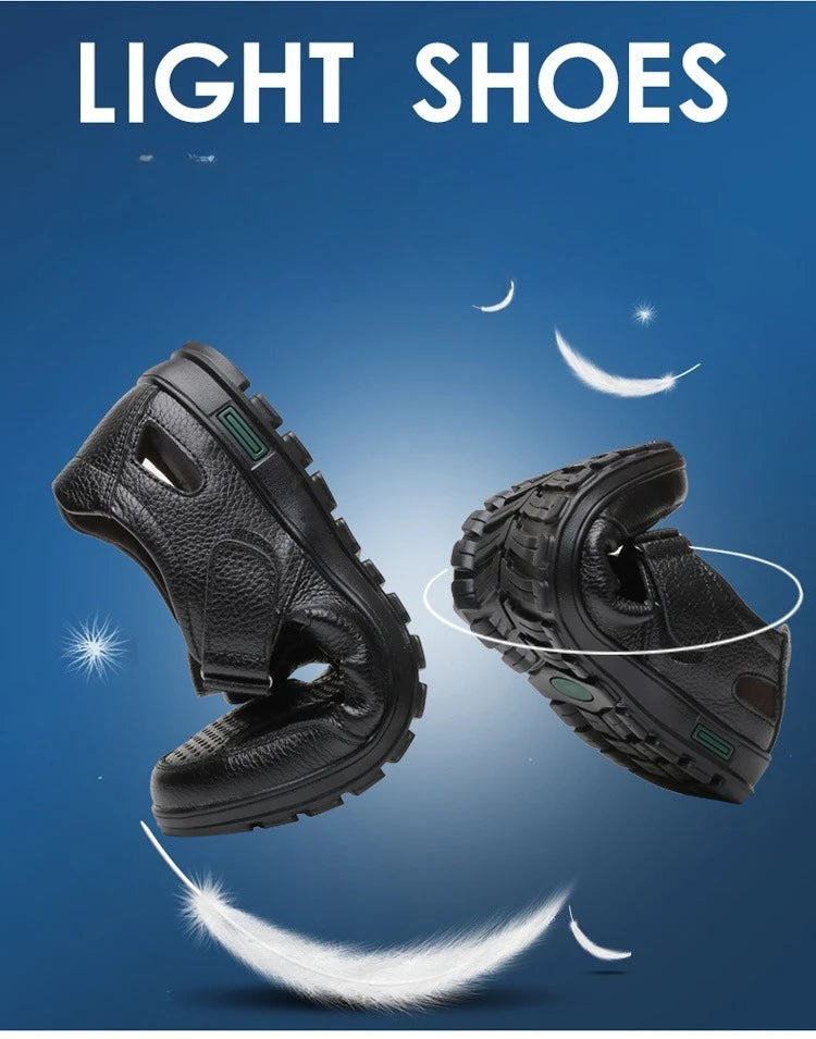 Men's Genuine Leather Sandals Men Summer Hollow Breathable Leather Shoes Mens Casual Soft Comfortable Flats EU Sizes 38-48