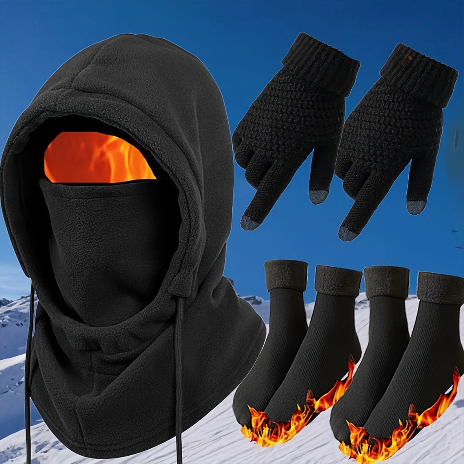 3-4Pcs Winter Hat Gloves Socks Set Windproof Anti-Slip Stretchy Unisex for Outdoor Sports and Daily Use