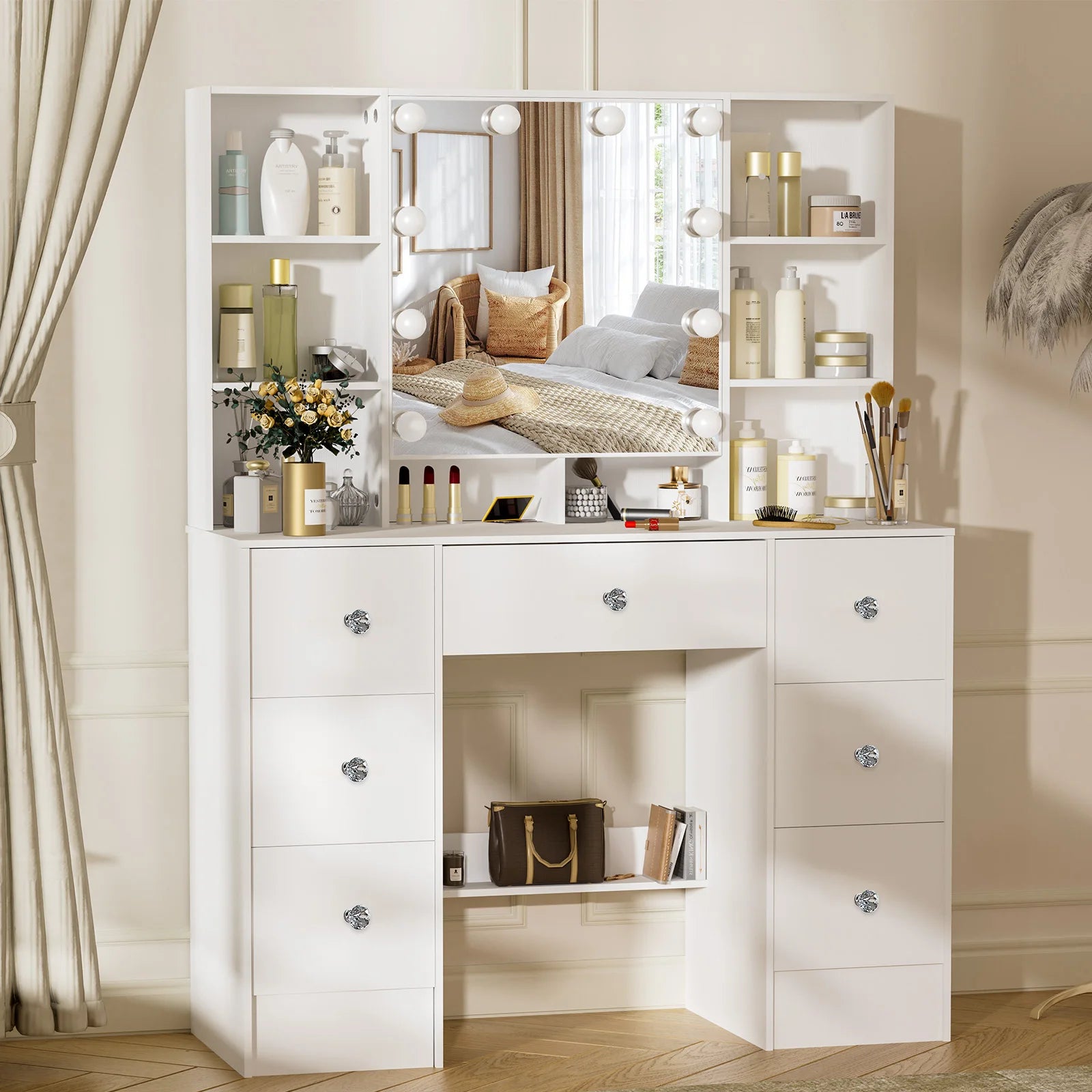 Teousev 7 Drawers Vanity Dressing Table with 10 Dimmable LED Lights, Large HD Mirror Modern Makeup Desk with Ample Storage
