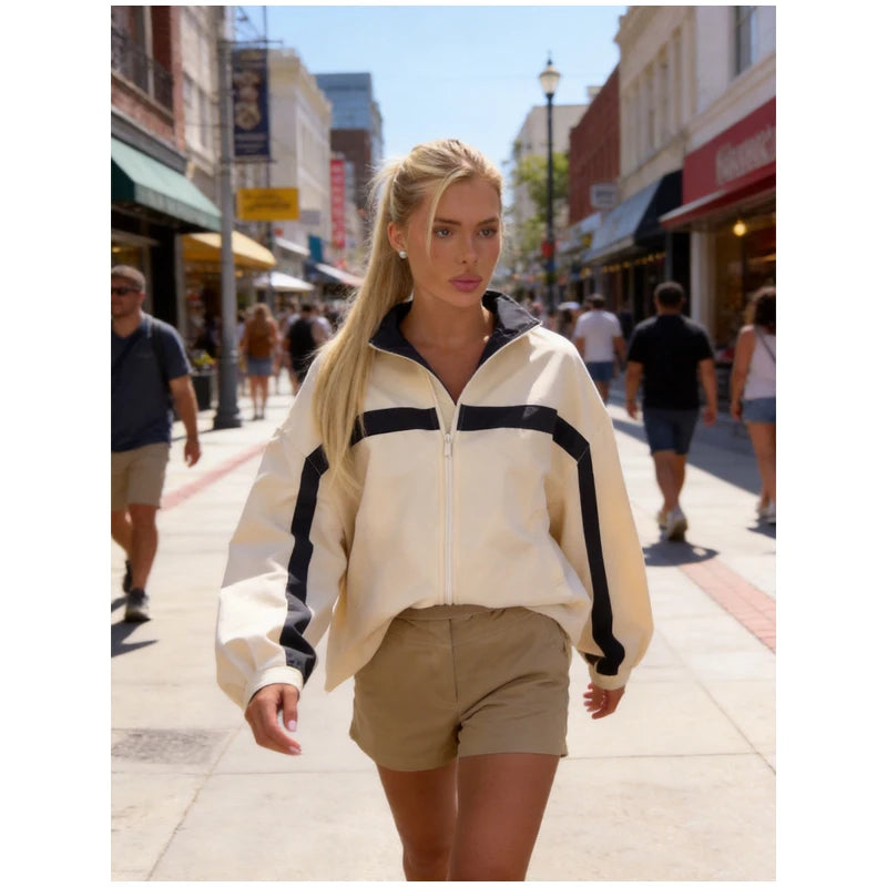 Women's Jackets Beige Black Zip Collar Crop Jacket Lapel Loose Streetwear Spring Autumn Chic Sports Outfits Short Coats 2026 New