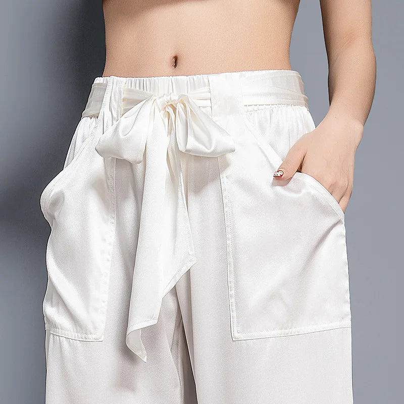 Birdsky, 1PC Women trousers bloomers pants pant bow belt high waist 19MM 95% real mulberry silk 5% spandex 3 colors, S-930