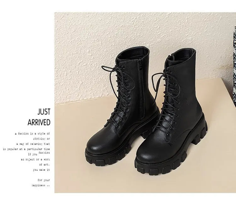Platform Women's Ankle Boots Autumn 2023 Black White Thick Bottom Motorcycle Botas Mujer Pu Leather Non-Slip Combat Boots Women