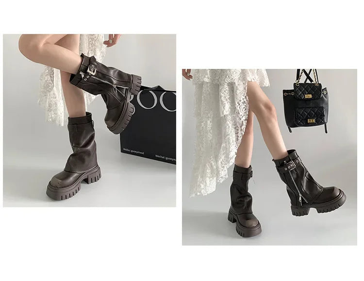 Winter Women Biker Boots Fashion Belt Buckle Ladies Elegant Platform Long Pipe Booties Casual Women's Knee High Booties2024