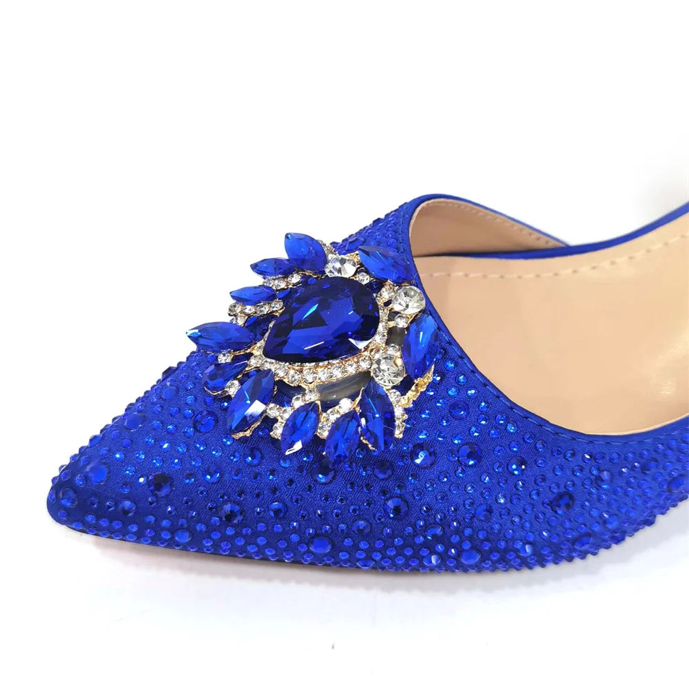 Venus Chan Royal Blue Sandals for Women 2024 Luxury Wedding Pumps Med Heels Rhinestone Design Party Shoes and Bags Set