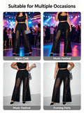 Plus Size Women Mesh Rhinestone Flare Pants High Waist See Through Sparkly Bell Bottom Trousers Night Club Party Black Pants