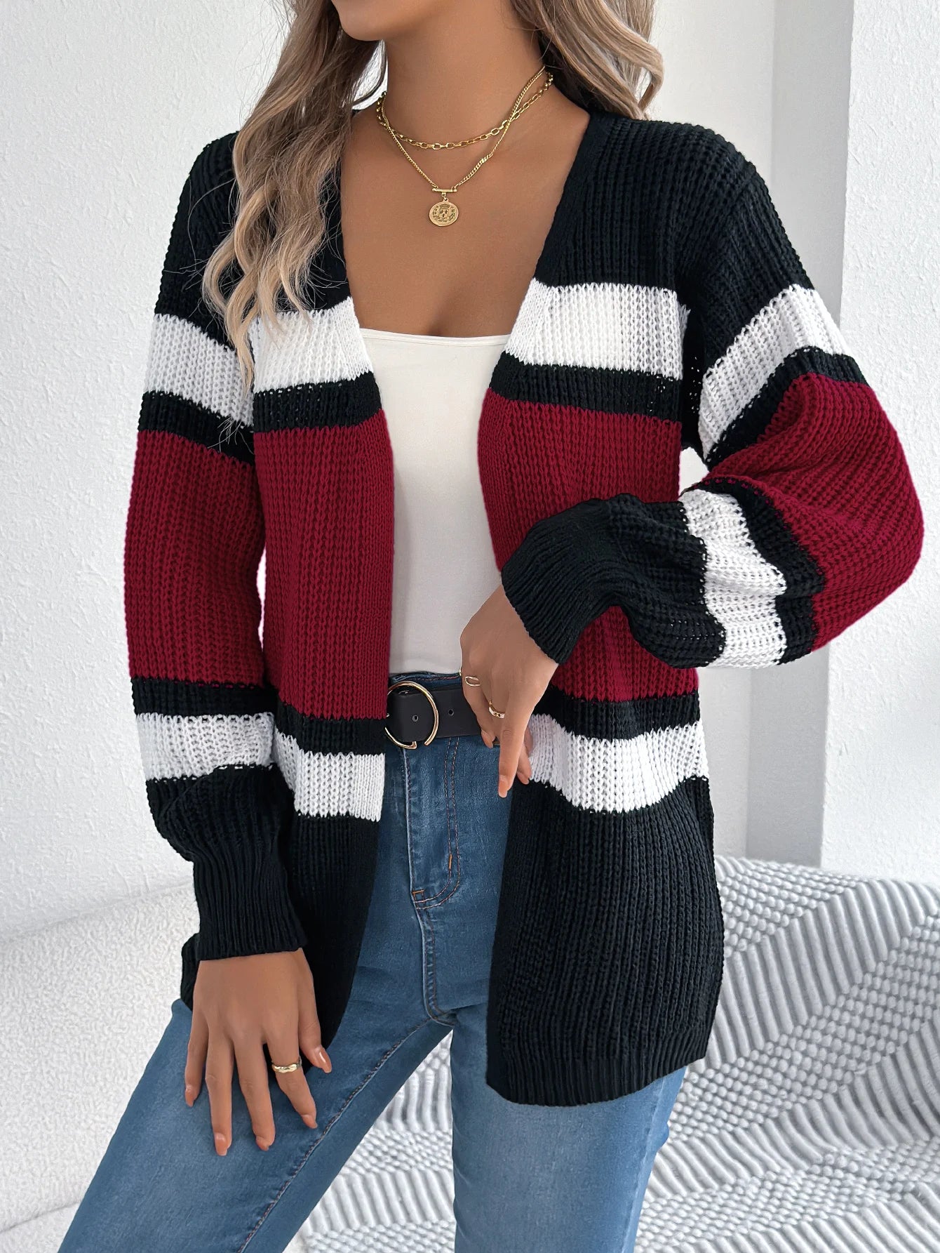 Women's Color Block Striped Cardigan Sweaters 2026 Autumn Winter Casual Lantern Long Sleeve Knitted Coats Fashion Woman Outwear