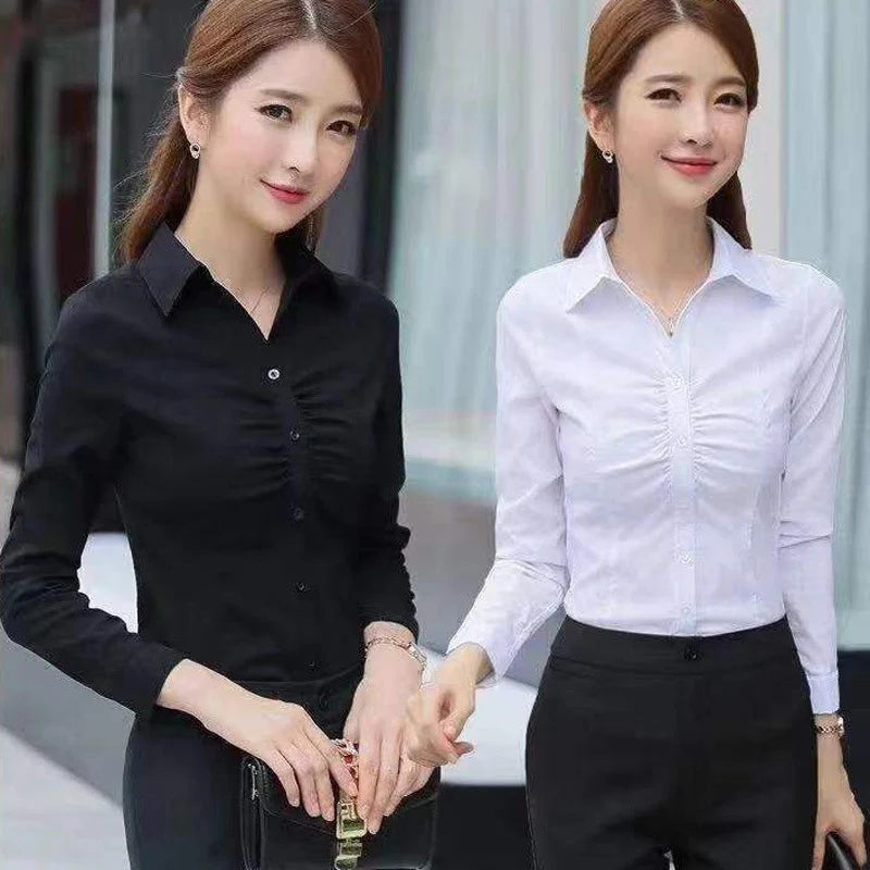 Fashion Turn-Down Collar Folds Shirts Women Autumn Slim Fit Solid White Inner Wear Button Chic Design Versatile Long Sleeve Tops