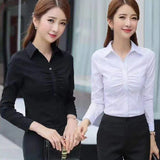 Fashion Turn-Down Collar Folds Shirts Women Autumn Slim Fit Solid White Inner Wear Button Chic Design Versatile Long Sleeve Tops