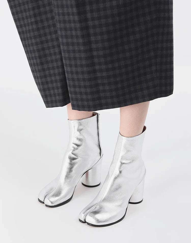 New Genuine Leather Tabi Ankle Boots Women Chunky Round Heels Shoes Woman High Heels Split Toe Tabi Boots Women Botas De Mujer