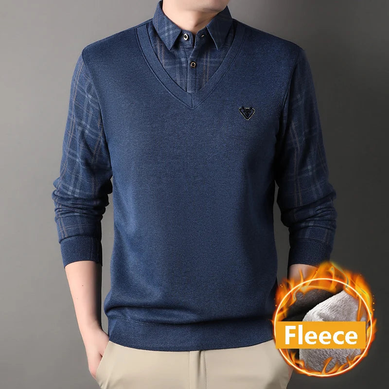 Mens Thick Sweater Pullover Fleece Lined Fake Two Piece Knitwear Fashion Casual Business Pullovers