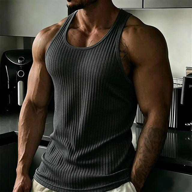 2026 New Men's Rib Knit Tank Tops Elastic Slim Fit Fitness Gym Vest Sleeveless Muscle Shirts for Running Training