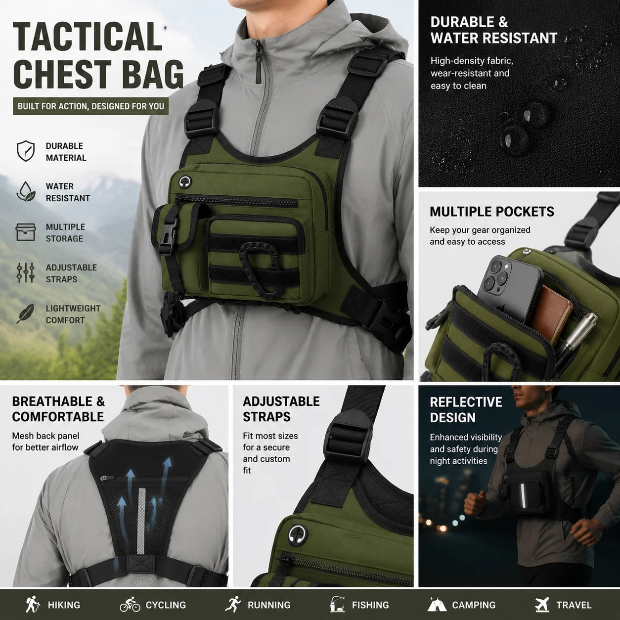 Tactical Outdoor Chest Bag Men's Vest Bag MOLLE Chest Pack for Cycling Bags Running Front Chest Bag Sports Vest Bag