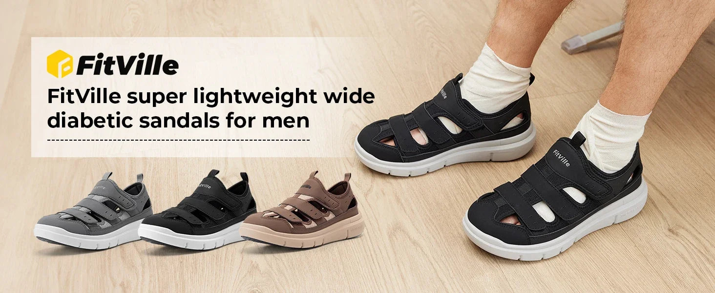 FitVille Summer Men's Wide Width Casual Diabetic Sandals, Lightweight Open Toe Sandals Built-in Arch Support, Effective Foot Pain Relief for Plantar Fasciitis, for Wide & Swollen Feet