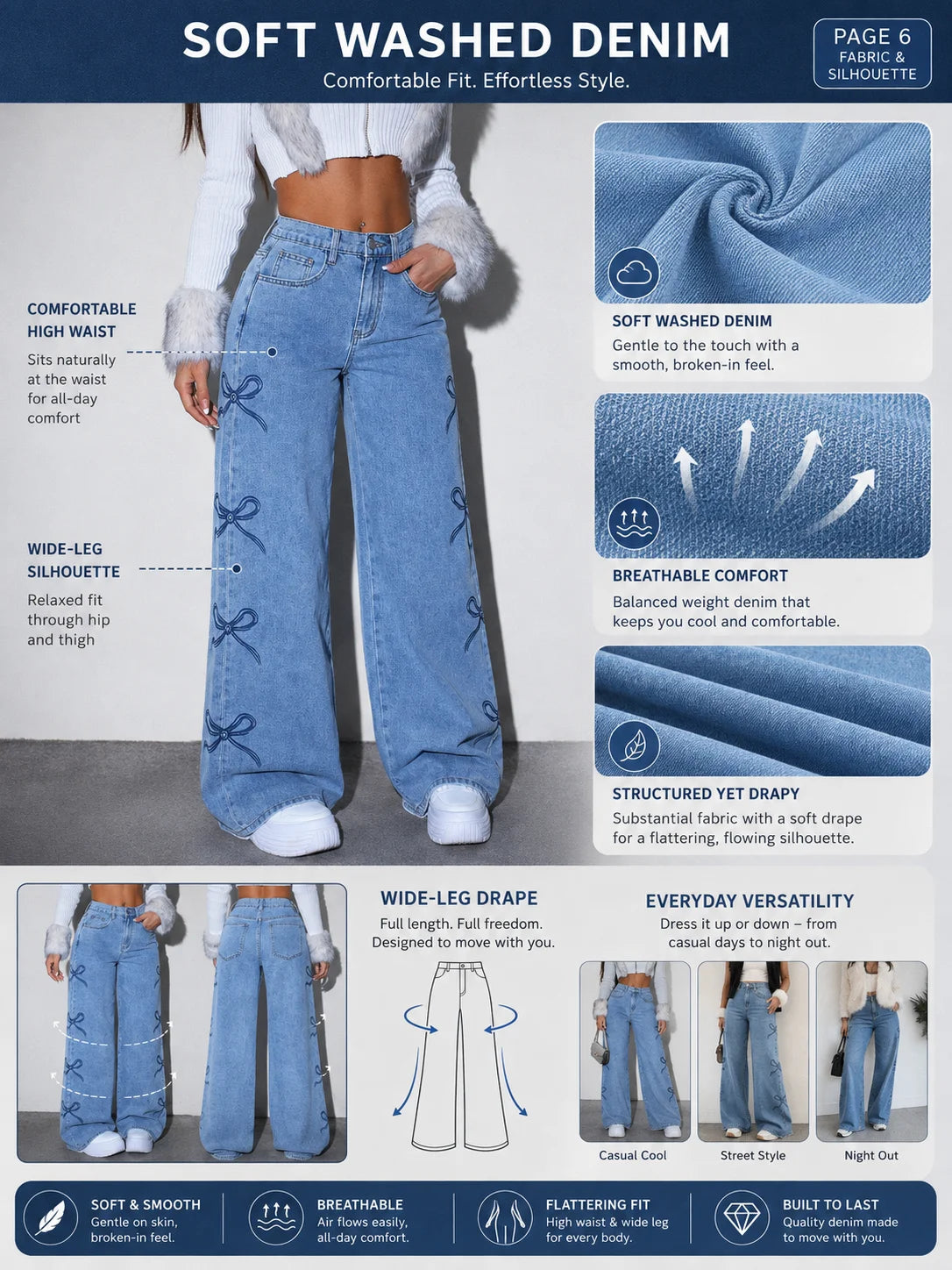 Y2K Bow Embroidery Wide Leg Jeans for Women, High Rise Vintage Light Wash Baggy Denim Trousers Trendy Casual Streetwear Daily Pants