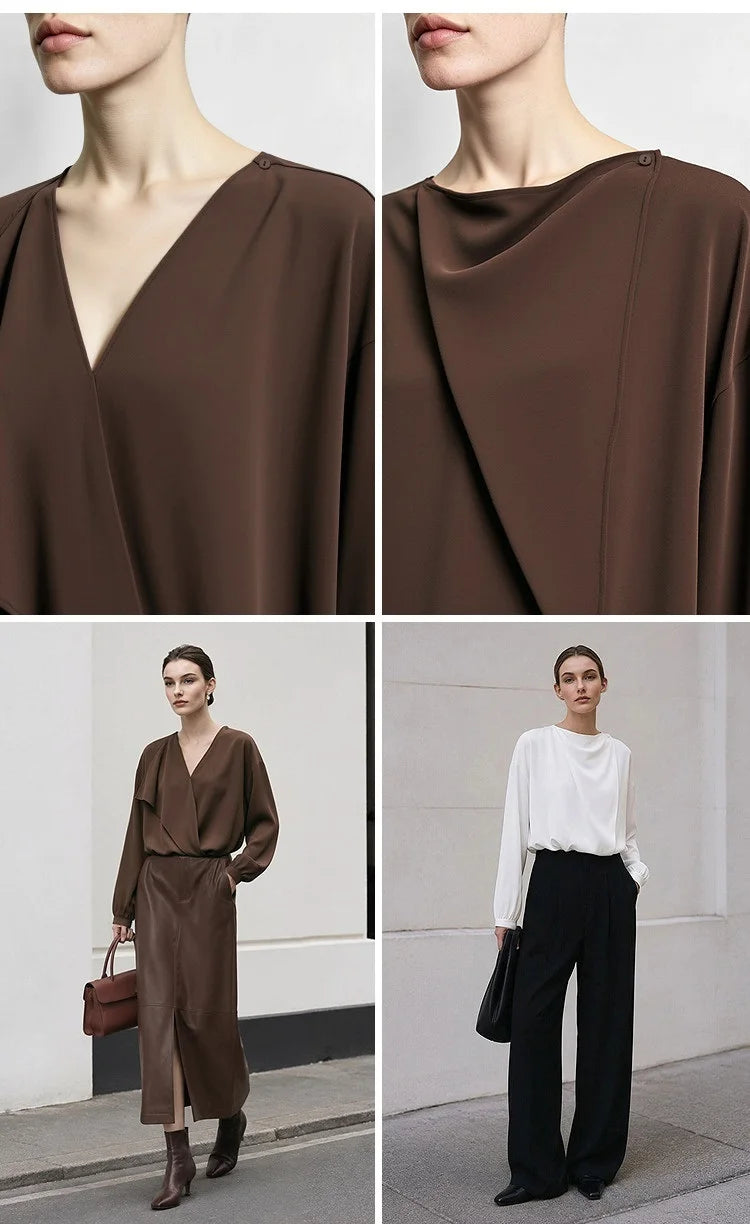 Amii 2026 Autumn Women Blouse Reversible V Neck Wrap Cowl Neck Long Sleeve Chiffon Blouses Woman Loose Casual Shirts 12643013
