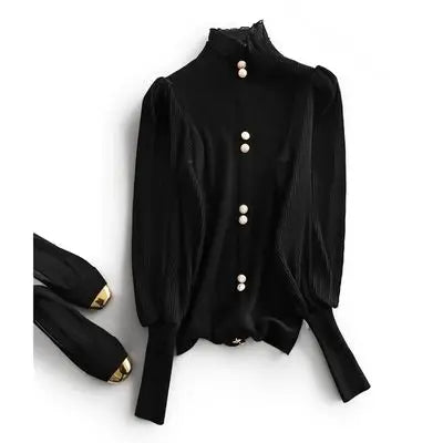 Elegance Half Turtleneck Long Sleeve Knitted Korean Sweaters Single Breasted Vintage Japanese Sweet Sweater Patchwork Blouses