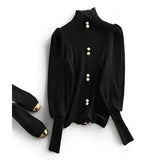 Elegance Half Turtleneck Long Sleeve Knitted Korean Sweaters Single Breasted Vintage Japanese Sweet Sweater Patchwork Blouses