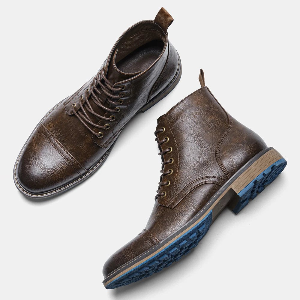 Men's Vintage Combat Boots Lace-Up Cap Toe Ankle Booties with Pull Tab Non-Slip Sole