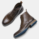 Men's Vintage Combat Boots Lace-Up Cap Toe Ankle Booties with Pull Tab Non-Slip Sole