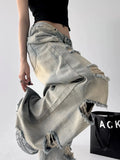American Vintage Trend Ripped Frayed  Baggy Jeans Women Y2K Street-Style Distressed Design Fashionable Versatile Wide-Leg Pants