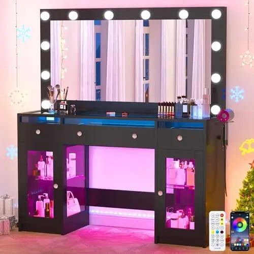 Vanity Desk W/6000-Colors Light&Power Outlet,Makeup Vanity Desk W/LED Mirror and Lights 3 Colors,Transparent GlassTop