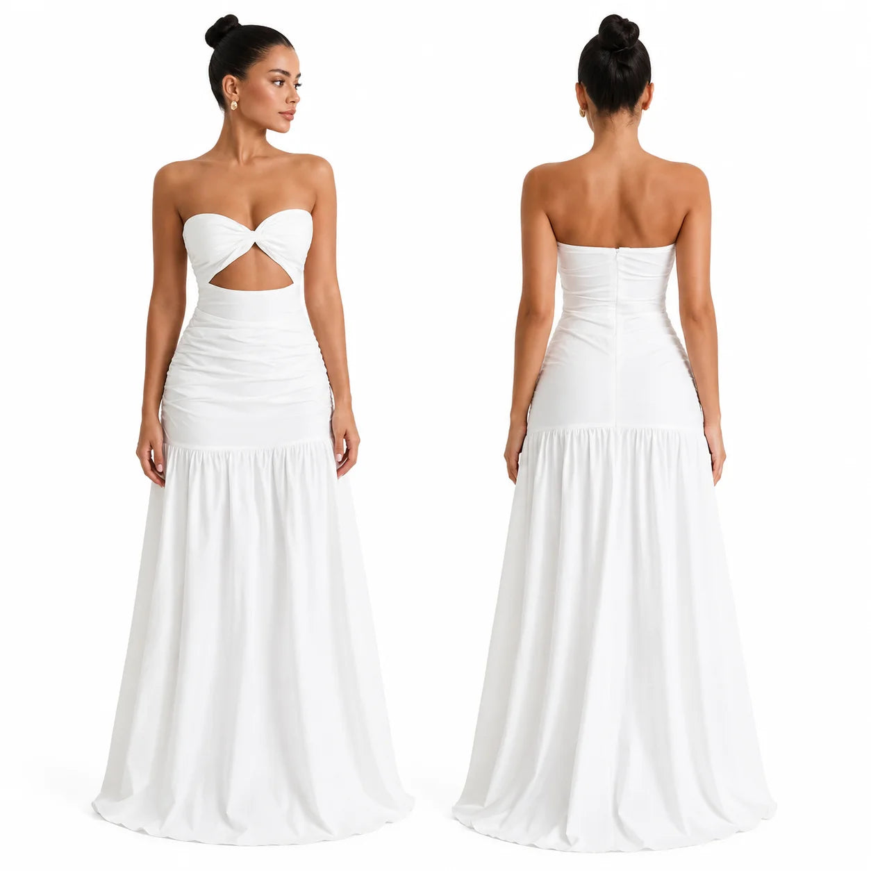 Women Strapless Twist Cutout Maxi Dress Ruched Waist Flowy A Line Long Tube Top Dress Summer Beach Vacation Casual Sundress