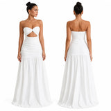 Women Strapless Twist Cutout Maxi Dress Ruched Waist Flowy A Line Long Tube Top Dress Summer Beach Vacation Casual Sundress