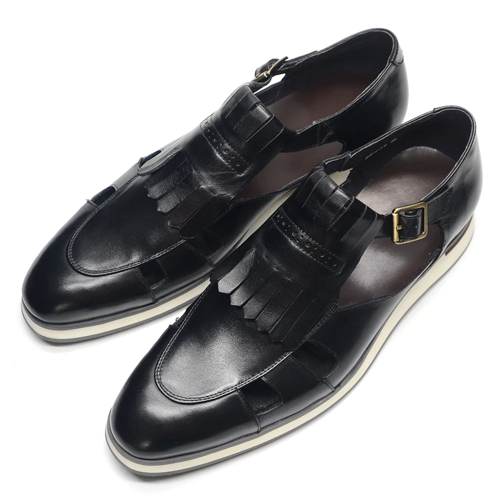 Classy Trending Mens Tassel Sandals Genuine Leather Buckle Strap Hollow Out Summer Casual Shoes for Men Comfortable Breathable