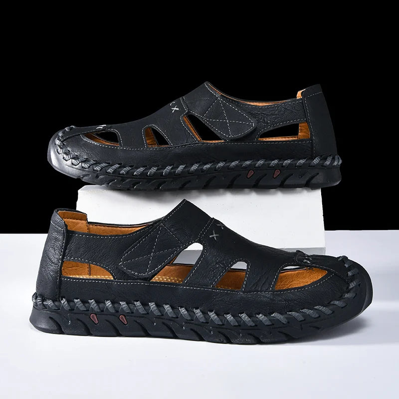 Outdoor Summer Man Sandals Stylish Leather Mens Beach Shoes Outdoor Men  Roman Flats Hollow Out Sandalias New Wading Aqua Shoes