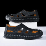 Outdoor Summer Man Sandals Stylish Leather Mens Beach Shoes Outdoor Men  Roman Flats Hollow Out Sandalias New Wading Aqua Shoes
