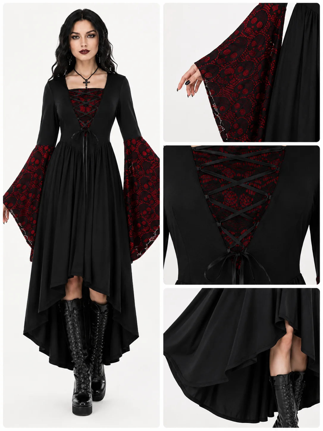 Women Gothic Medieval Dress Skull Lace Bell Long Sleeve Lace Up Front High Low Midi Dress Vintage Renaissance Witch Costume Halloween Cosplay Party Dress