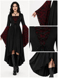 Women Gothic Medieval Dress Skull Lace Bell Long Sleeve Lace Up Front High Low Midi Dress Vintage Renaissance Witch Costume Halloween Cosplay Party Dress