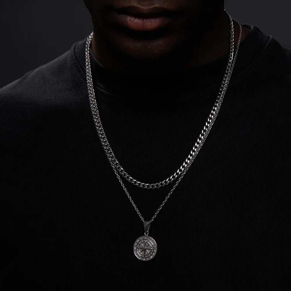 Vnox Layered Necklaces for Men, Sailing Travel Compass Pendant, Stainless Steel Cuban Figaro Wheat Chain, Casual Retro Collar