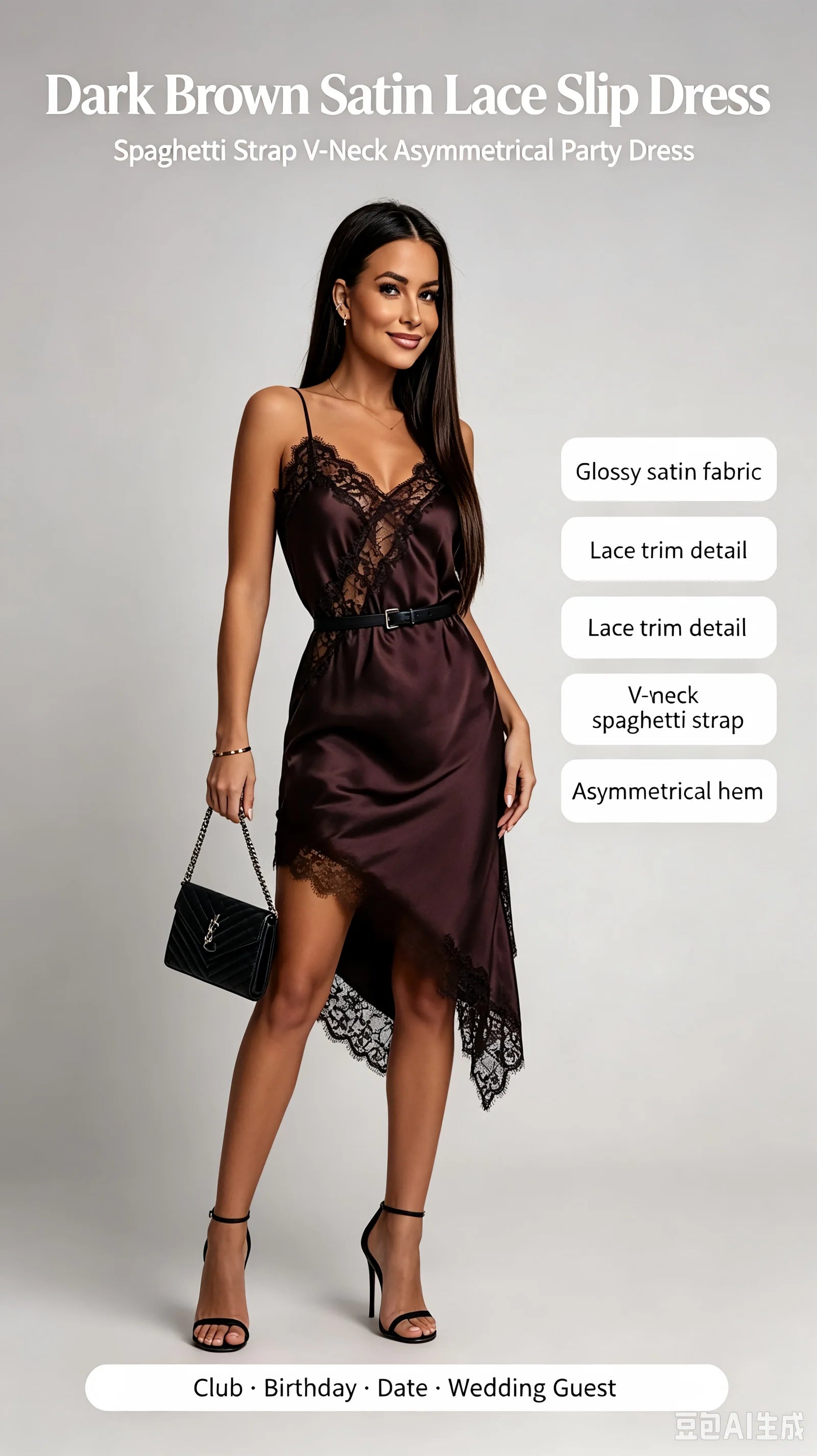 Women Dark Brown Satin Lace Slip Dress Spaghetti Strap V-Neck Asymmetrical Hem Elegant Party Cocktail Evening Dresses