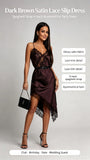 Women Dark Brown Satin Lace Slip Dress Spaghetti Strap V-Neck Asymmetrical Hem Elegant Party Cocktail Evening Dresses