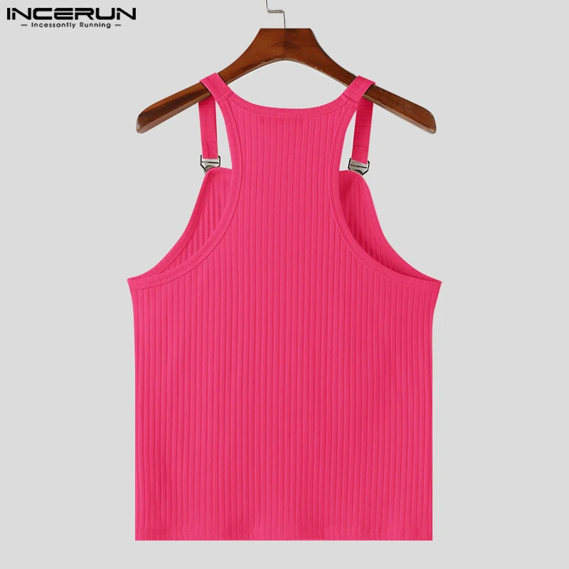2024 Men's Tank Tops Solid Color Knitted Sleeveless Button Streetwear Casual Vests Summer Fitness Fashion Men Clothing INCERUN