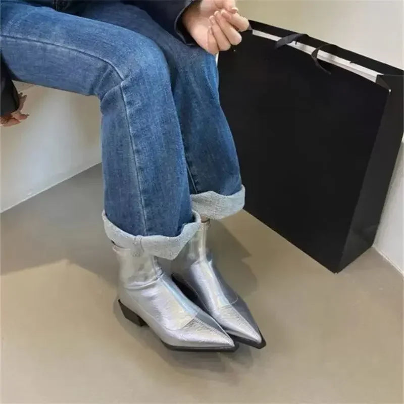 Pointed Toe Women Slim Ankle Boots Fashion Square Low Heel Ladies Elegant Back Zippers Short Booties Women's Footwear