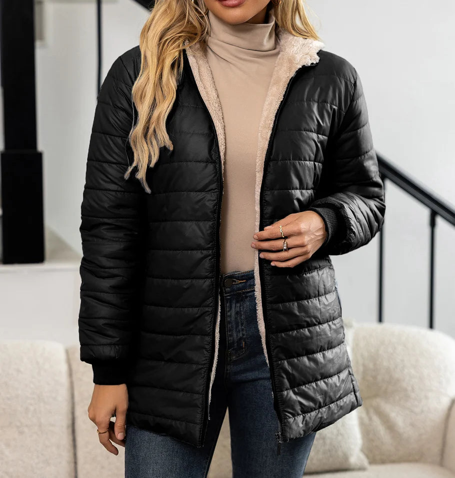 Autumn and Winter New Mid Autumn Long Hooded Cotton Jacket with Fleece for Warmth, Women's Coat
