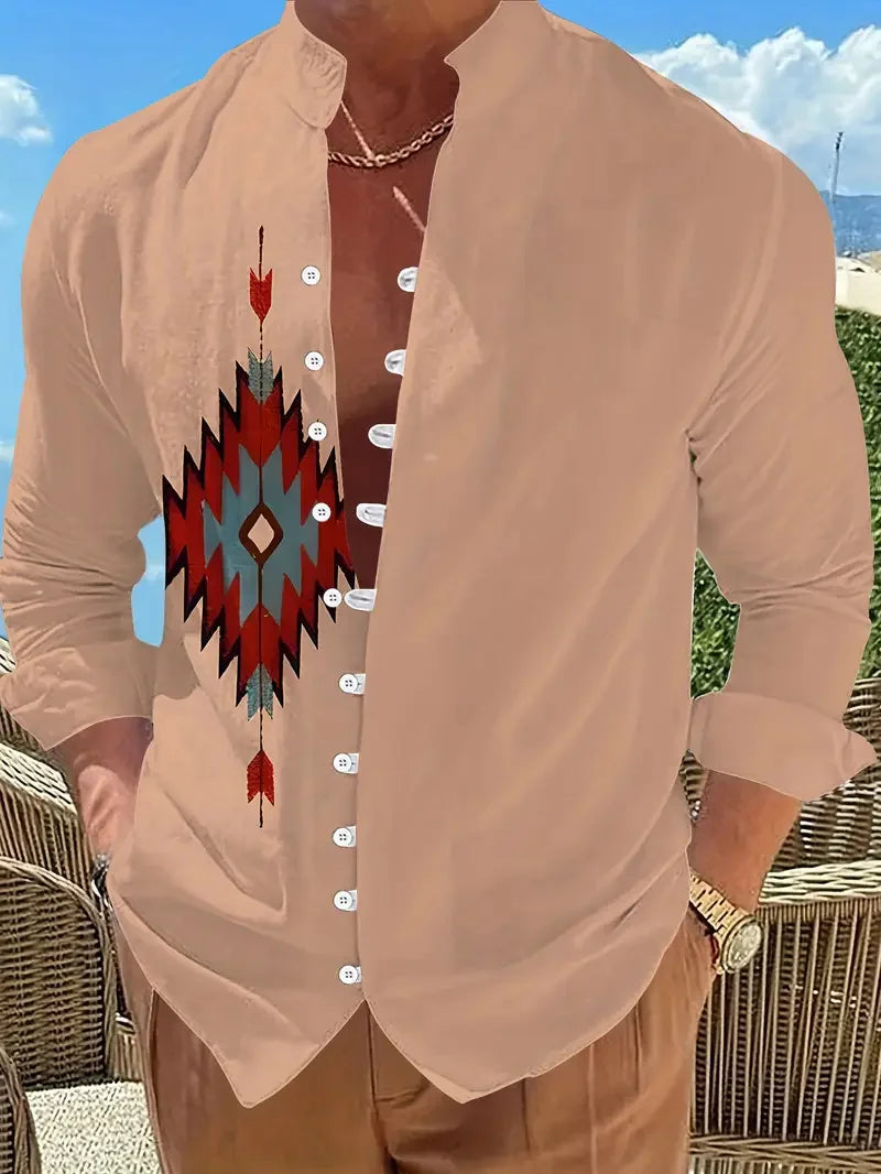 New Men's Fashion Long Sleeve Shirt Ethnic Wind Fashion Casual Street Outdoor Shirt Linen Shirt Top