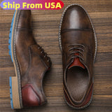 Men's Casual Leather Shoes Cap Toe Derby Lace-up Business Formal Dress Shoes Retro British Style Office Wedding Footwear