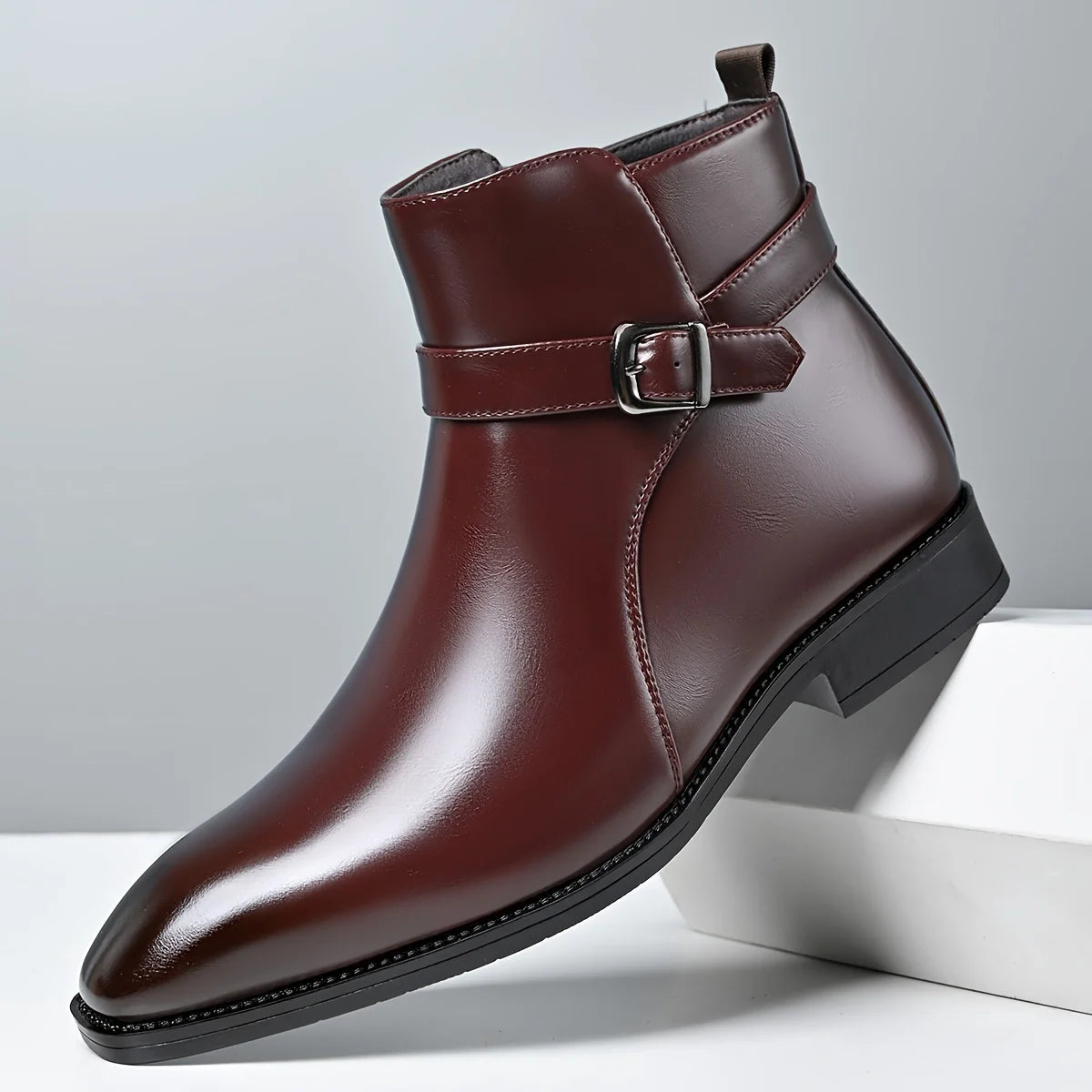 Mens Buckle Strap Ankle Boots Pointed Toe Leather Formal Chelsea Boots Man Business Dress Short Botas for Men High Top Footwear