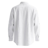 Men White Linen Button Down Long Sleeve Shirt Mandarin Collar Chest Pocket Roll Tab Cuff Loose Oversized Breathable Textured Beach Vacation Casual Holiday Top